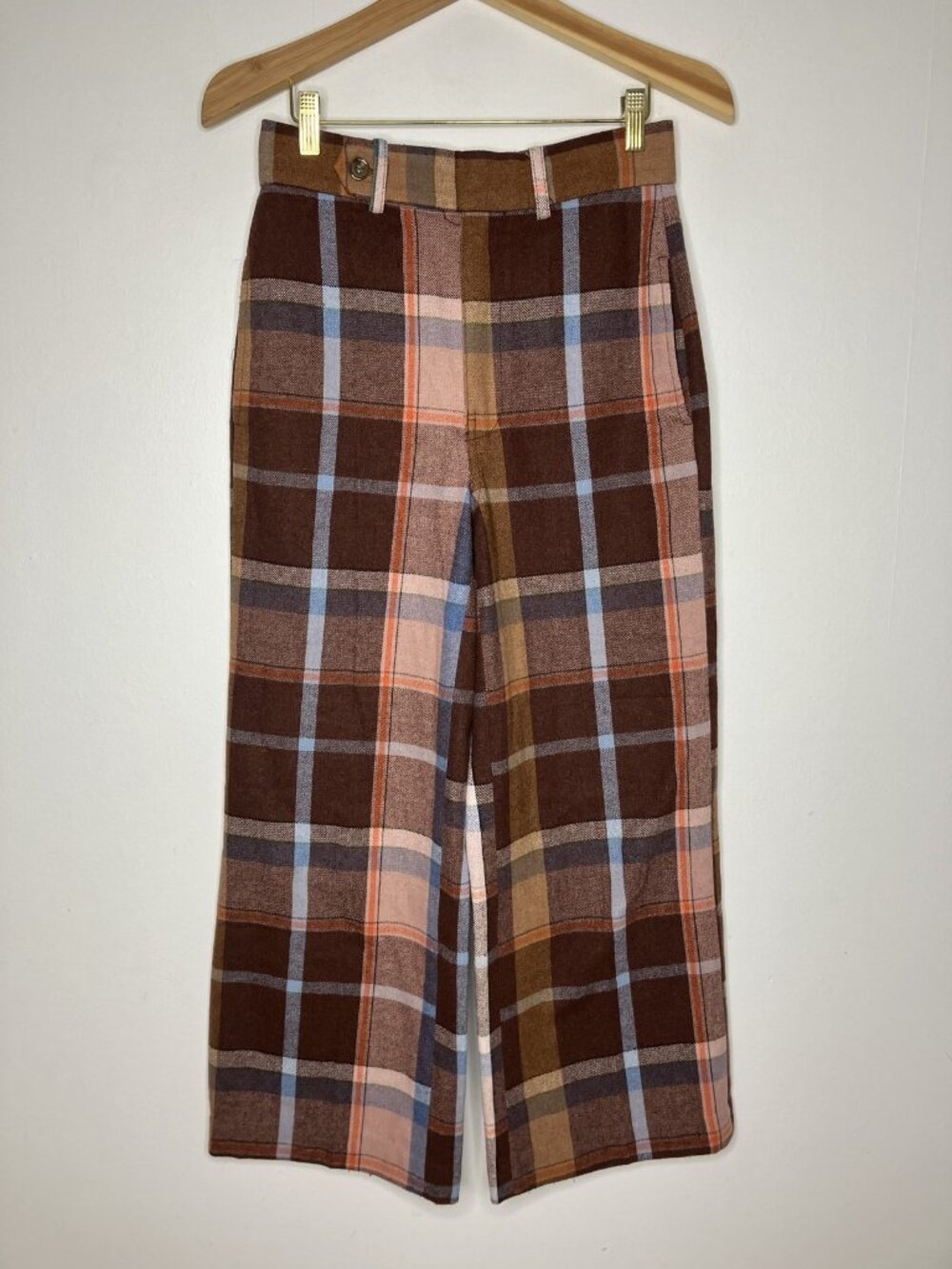 Urban Outfitters Plaid High Rise Wide Leg Pants Brown Blue Pink Women's Size 2